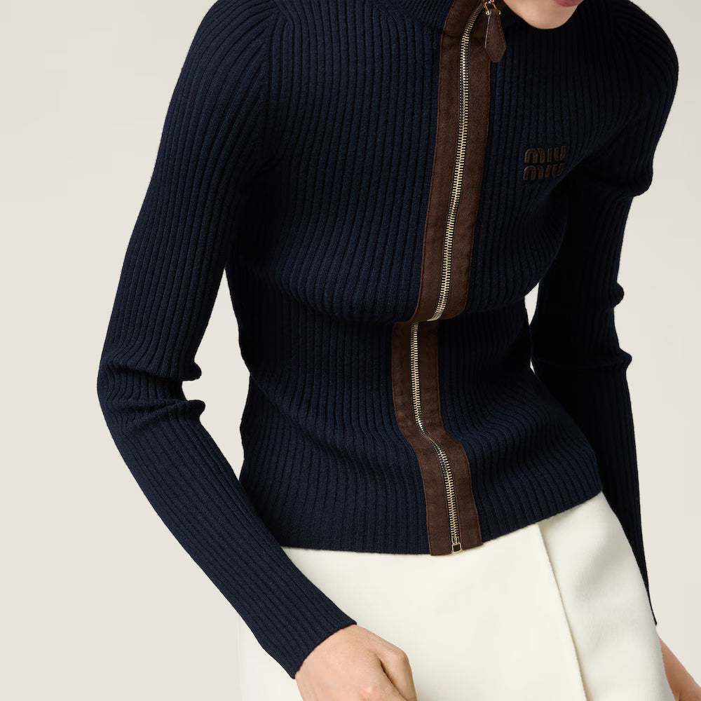 Cashmere And Leather Zipper Cardigan